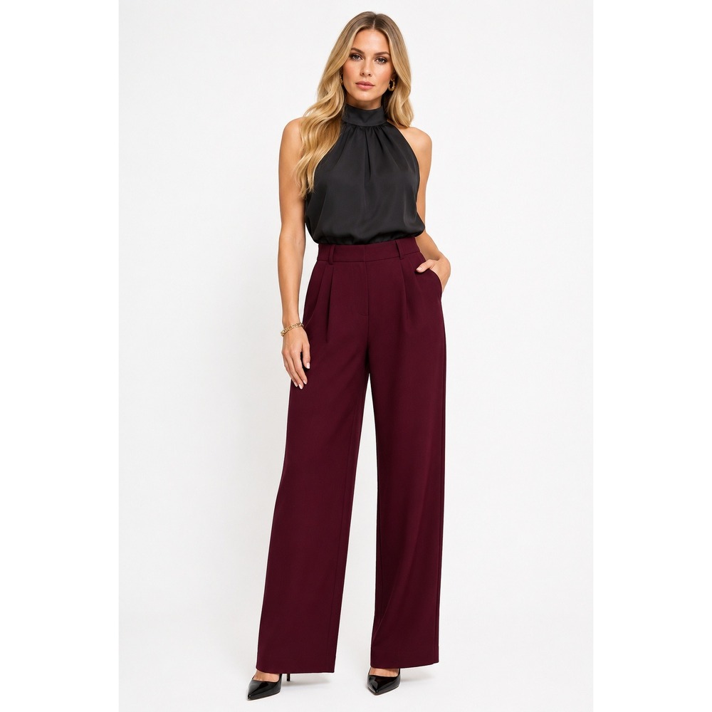 Fortune + Ivy Zoe Wide Leg Tailored Pant Burgundy Pleated Trousers Size 2 NWOT